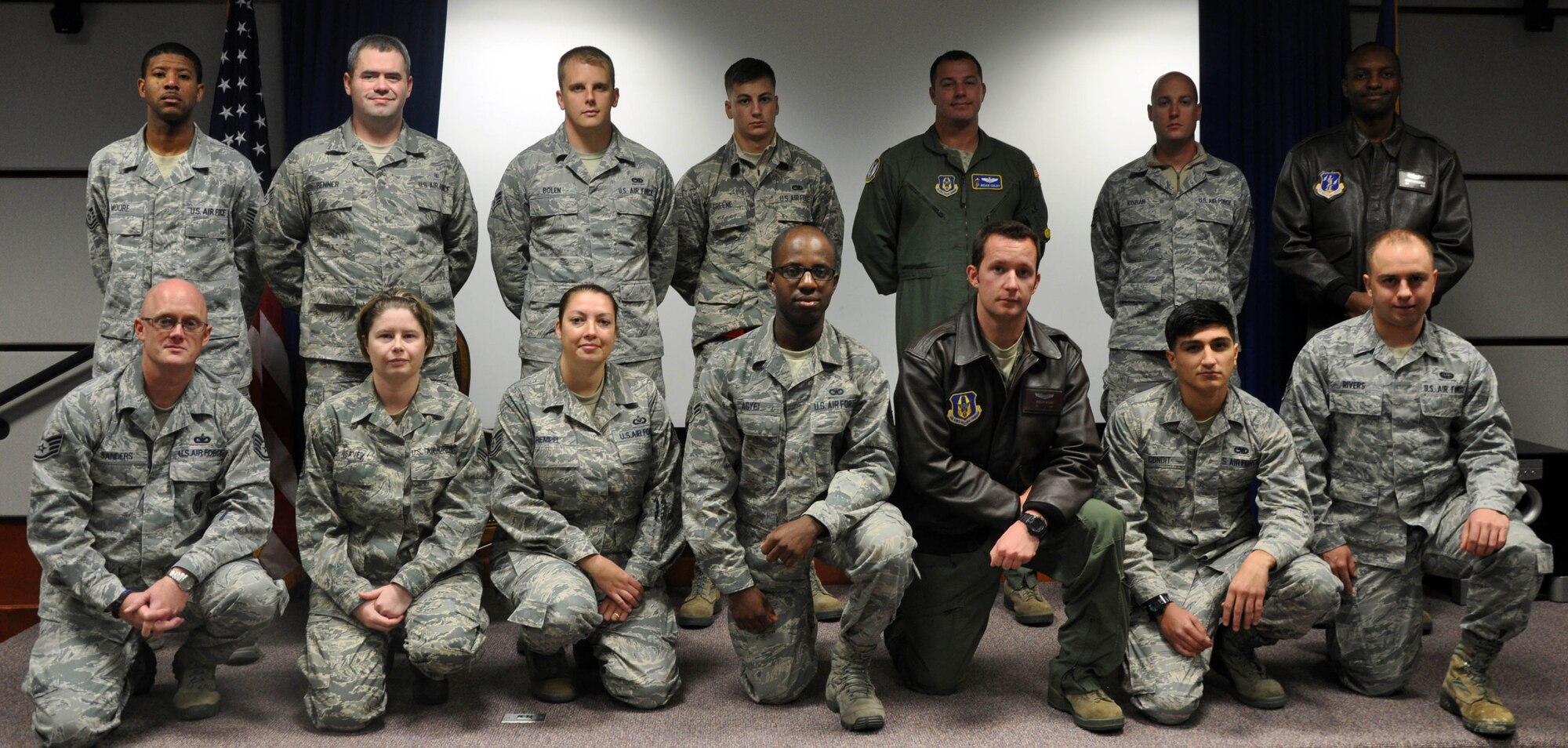The 931st Air Refueling Group welcomed the following newcomers during the September unit training assembly, Nov. 2, 2013. First Row, left to right:  Staff Sgt. James Sanders, Senior Airman Nicole Weaver, Tech. Sgt. Amanda Rempel, Airman 1st Class Enoch Agyei, Capt. Jeremy Mosier, Airman Adrian Condit and Senior Airman Nathan Rivers.  Back row, left to right: Tech. Sgt. Telogia Moore, Senior Airman Jeremy Benner, Senior Airman Ryan Bolen, Airman 1st Class Jonathon Greene, Maj. Brian Colby, Staff Sgt. James Koziar, and Capt. Damian Baskerville.  (U.S. Air Force photo by Staff Sgt. Abigail Klein)
