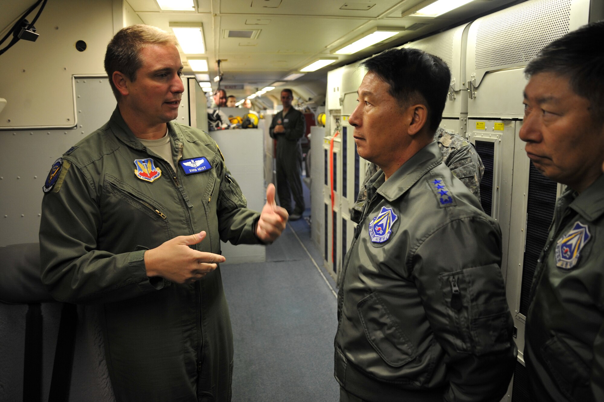 OSAN AIR BASE, Republic of Korea - Republic of Korea Air Force Lt. Gen. Choi, Cha-Kyu, Korean Air Force Operations Command commander, receives a tour of an E-8C Joint STARS aircraft from Lt. Col. David Heist, 5th Expeditionary Airborne Command and Control Squadron, on Osan AB, Republic of Korea, Oct. 25. The 5th EACCS is deployed to Kadena Air Base, Japan, but calls Robins Air Force Base, Ga., home. The E-8C Joint Surveillance Target Attack Radar System, or Joint STARS, is an airborne battle management, command and control, intelligence, surveillance and reconnaissance platform. Its primary mission is to provide theater ground and air commanders with ground surveillance to support attack operations and targeting that contributes to the delay, disruption and destruction of enemy forces. (U.S. Air Force photo by Staff Sgt. Emerson Nunez)

