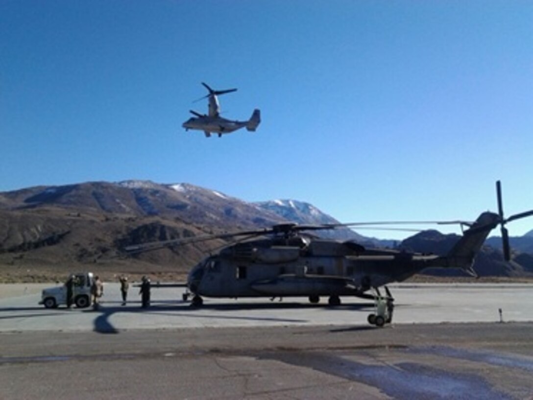 Marine Medium Tiltrotor Squadron 161 conducts high-altitude landings at Marine Corps Mountain Warfare Training Center Bridgeport, Calif. expeditionary airfield, elevation 6,800 ft. , during Mountain Exercise 6-13.  
