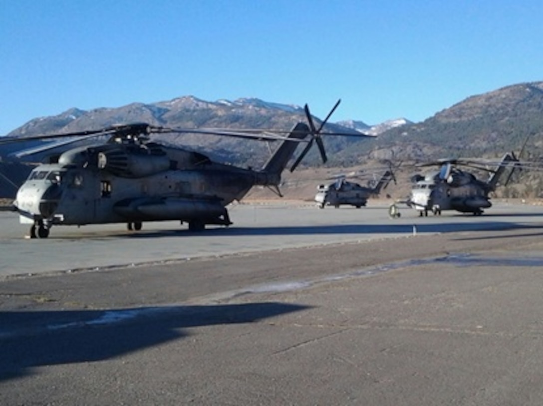 Marine Heavy Helicopter Squadron 466 poised on the expeditionary airfield at Marine Corps Mountain Warfare Training Center Bridgeport, Calif. prepares to conduct assault support for 1st Battalion, 5th Marines during Mountain Exercise 6-13.
