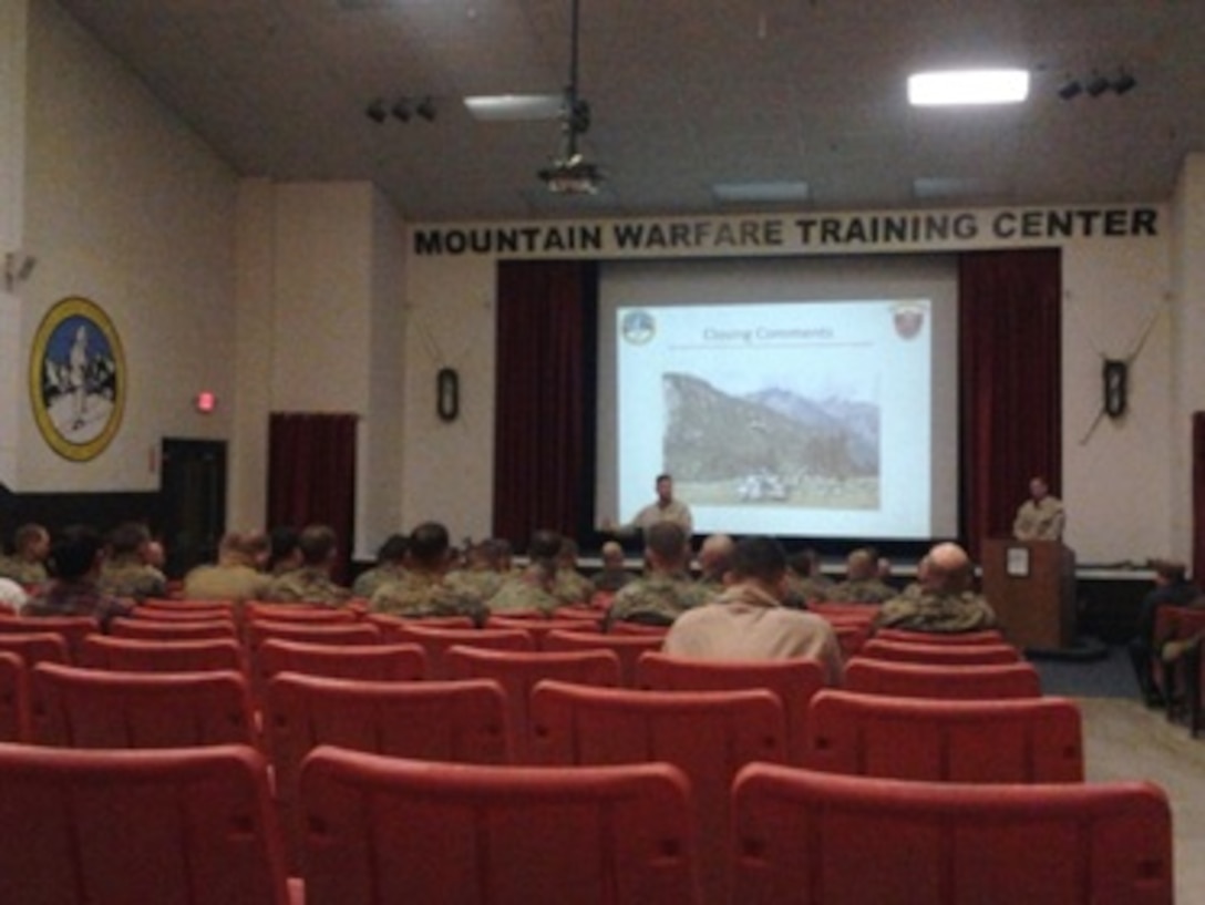 Col. J.J. Carroll, Jr., commanding officer, Marine Corps Mountain Warfare Training Center Bridgeport, Calif., addresses the Marines of 1st Battalion, 5th Marines, 1st Marine Logistics Group and Marine Heavy Helicopter Squadron 466  at the conclusion of Mountain Exercise 6-13.  Since the 1980s, thousands of Marines have met in the MCMWTC theater to receive instruction and conduct after-action reviews to improve operational capabilities.  The MCMWTC multi-purpose building that includes the base theater will undergo a renovation over the next year.    
