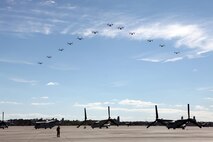 The Marines from Marine Medium Tiltrotor Squadron 266 Reinforced fly their MV-22B Ospreys in formation above Marine Corps Air Station New River during their homecoming ceremony, Nov. 4. Marines from VMM-266 (Rein.) were greeted by a crowd of friends and family who the Marines haven't seen since they departed for the 26th Marine Expeditionary Unit 26, 8 months ago.