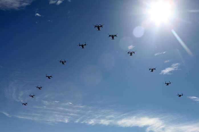 The Marines from Marine Medium Tiltrotor Squadron 266 Reinforced fly their MV-22B Ospreys in formation above Marine Corps Air Station New River during their homecoming ceremony, Nov. 4. Marines from VMM-266 (Rein.) were greeted by a crowd of friends and family who the Marines haven't seen since they departed for the 26th Marine Expeditionary Unit 26, 8 months ago.