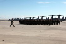 The Marines from Marine Medium Tiltrotor Squadron 266 Reinforced march in formation aboard Marine Corps Air Station New River during their homecoming ceremony, Nov. 4. Marines from VMM-266 (Rein.) were greeted by a crowd of friends and family, who the Marines haven't seen since they departed for the 26th Marine Expeditionary Unit 26, 8 months ago.
