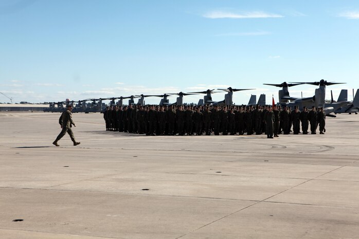 The Marines from Marine Medium Tiltrotor Squadron 266 Reinforced march in formation aboard Marine Corps Air Station New River during their homecoming ceremony, Nov. 4. Marines from VMM-266 (Rein.) were greeted by a crowd of friends and family, who the Marines haven't seen since they departed for the 26th Marine Expeditionary Unit 26, 8 months ago.