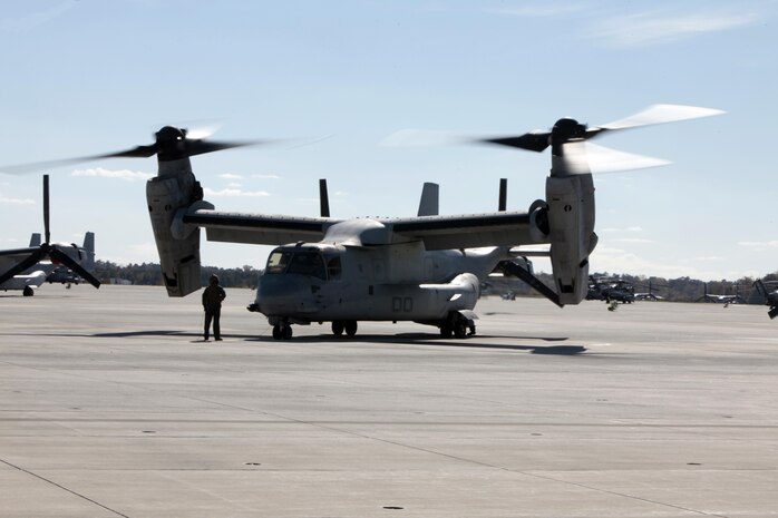 Marines from Marine Medium Tiltrotor Squadron 266 Reinforced land an MV-22B Osprey aboard Marine Corps Air Station New River during their homecoming ceremony, Nov. 4. Marines from VMM-266 (Rein.) were greeted by a crowd of friends and family, who the Marines haven't seen since they departed for the 26th Marine Expeditionary Unit 26, 8 months ago.
