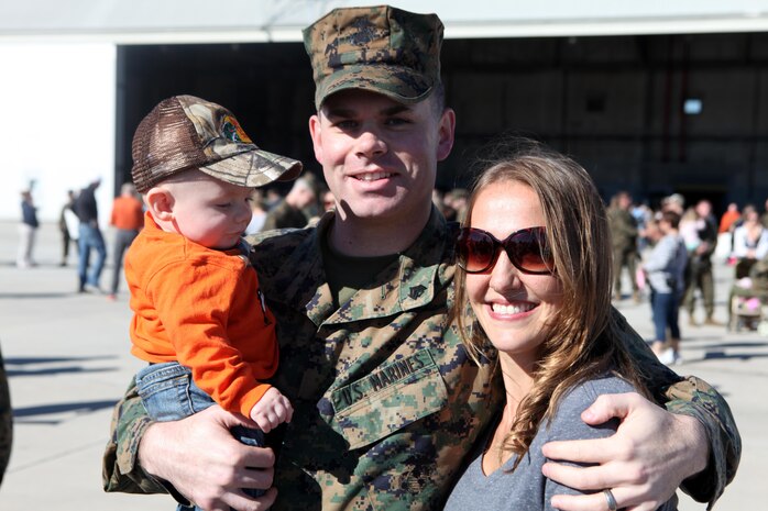 Marines from Marine Medium Tiltrotor Squadron 266 Reinforced warmly greet their loved ones during their homecoming ceremony aboard Marine Corps Air Station New River, Nov. 4. Marines from VMM-266 (Rein.) were greeted by a crowd of friends and family, who the Marines haven't seen since they departed for the 26th Marine Expeditionary Unit 26, 8 months ago.