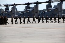 The Marines from Marine Medium Tiltrotor Squadron 266 Reinforced march in formation aboard Marine Corps Air Station New River during their homecoming ceremony, Nov. 4. Marines from VMM-266 (Rein.) were greeted by a crowd of friends and family, who the Marines haven't seen since they departed for the 26th Marine Expeditionary Unit 26, 8 months ago.