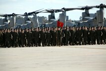 The Marines from Marine Medium Tiltrotor Squadron 266 Reinforced march in formation aboard Marine Corps Air Station New River during their homecoming ceremony, Nov. 4. Marines from VMM-266 (Rein.) were greeted by a crowd of friends and family, who the Marines haven't seen since they departed for the 26th Marine Expeditionary Unit 26, 8 months ago.
