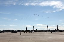 The Marines from Marine Medium Tiltrotor Squadron 266 Reinforced fly their MV-22B Ospreys in formation above Marine Corps Air Station New River during their homecoming ceremony, Nov. 4. Marines from VMM-266 (Rein.) were greeted by a crowd of friends and family who the Marines haven't seen since they departed for the 26th Marine Expeditionary Unit 26, 8 months ago.