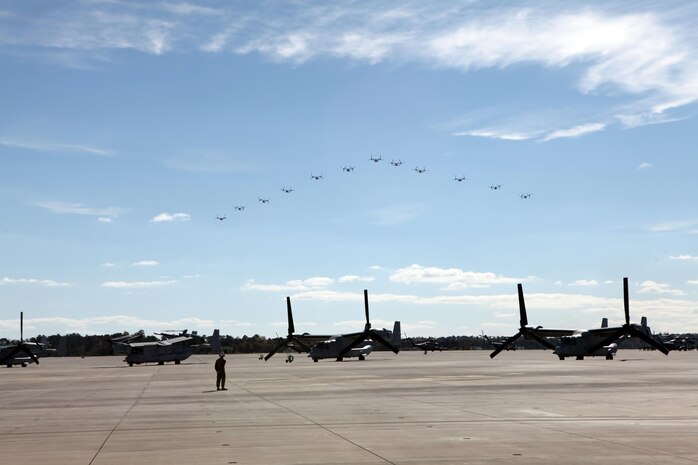 The Marines from Marine Medium Tiltrotor Squadron 266 Reinforced fly their MV-22B Ospreys in formation above Marine Corps Air Station New River during their homecoming ceremony, Nov. 4. Marines from VMM-266 (Rein.) were greeted by a crowd of friends and family who the Marines haven't seen since they departed for the 26th Marine Expeditionary Unit 26, 8 months ago.