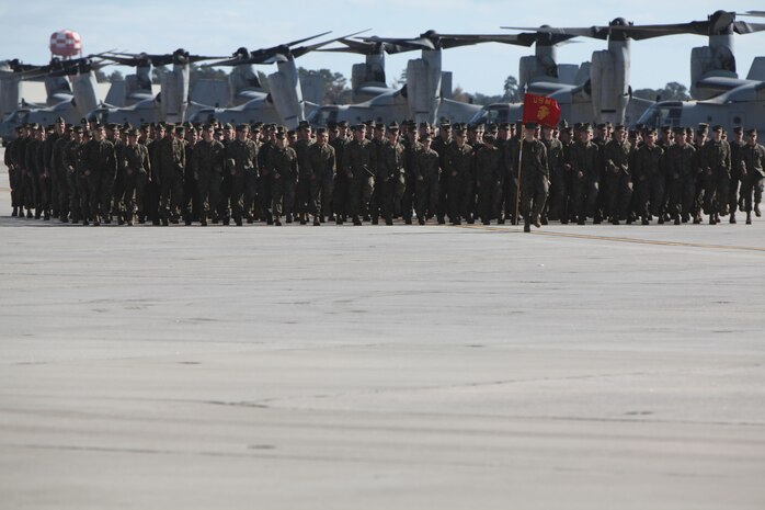 The Marines from Marine Medium Tiltrotor Squadron 266 Reinforced march in formation aboard Marine Corps Air Station New River during their homecoming ceremony, Nov. 4. Marines from VMM-266 (Rein.) were greeted by a crowd of friends and family, who the Marines haven't seen since they departed for the 26th Marine Expeditionary Unit 26, 8 months ago.