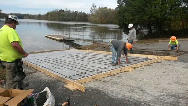 Contractors with Graham Services set rebar in concrete forms for the Hunters Point Boat Ramp at Old Hickory Lake in Lebanon, Tenn.  The ramp closed for repairs today. It is projected to reopen by Thanksgiving day.