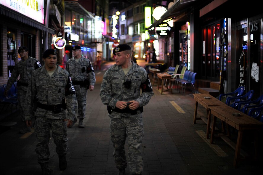 Senior Airman Michael Limberg, 51st Security Forces Squadron town patrolman, patrols the area outside of Osan Air Base, Republic of Korea, Oct. 31, 2013. Limberg is this week’s Airman Spotlight winner. (U.S. Air Force photo/ Staff Sgt. Emerson Nuñez)