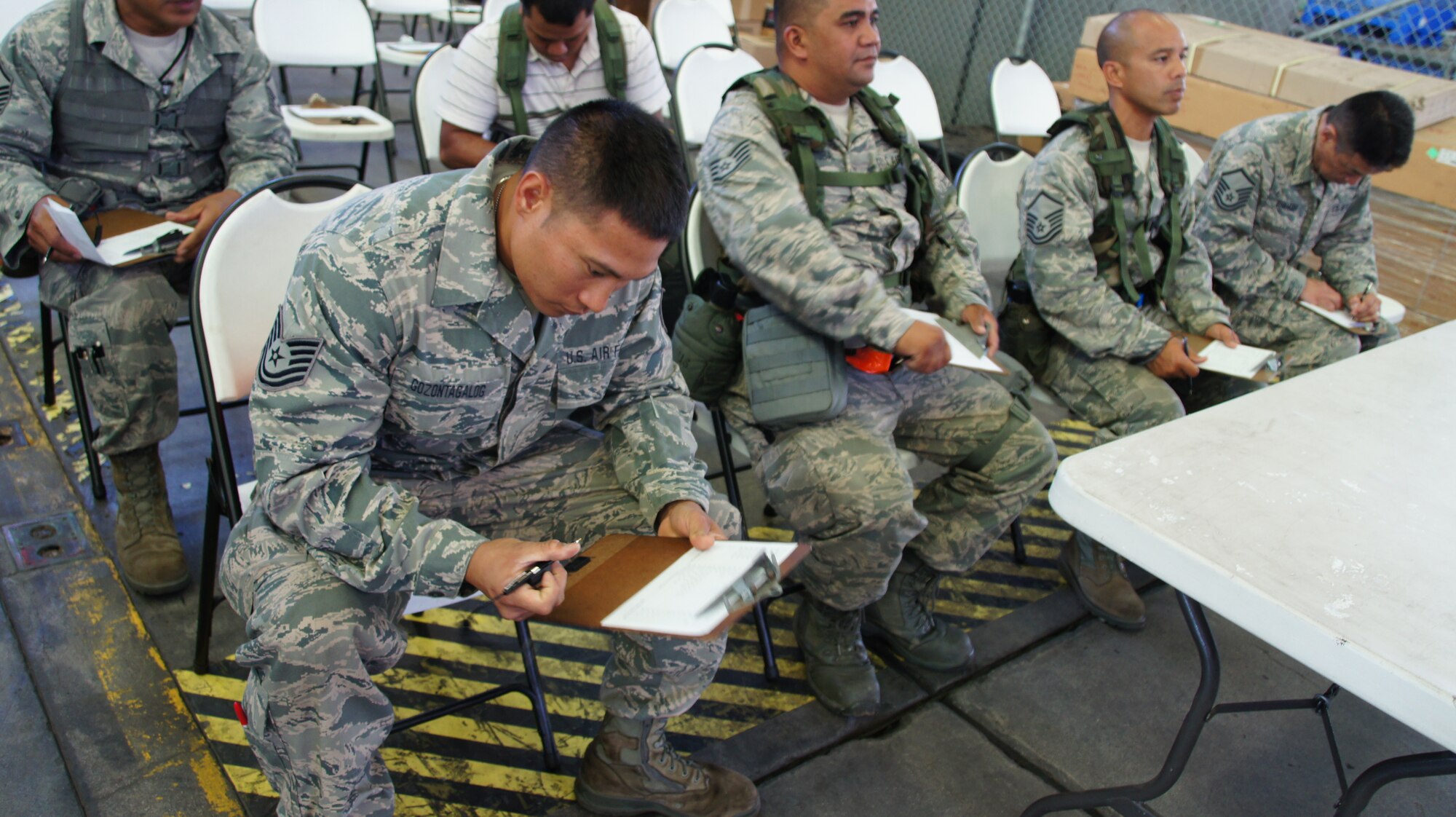 Tech. Sgt. Peter Gozontagalog with the Hawaii Air National Guard fills out the size chart for his deployment equipment exercise deployment during a Combined Unit Inspection (CUI), Nov. 03, at Joint Base Pearl Harbor-Hickam. The CUI is the final step in over 18 months of preparation and exercises by the active duty’s 15th Wing and the Hawaii Air National Guard’s 154th Wing. The inspection allows the wings to prove their ability to deploy quickly in response to an international threat, and their operational readiness in a foreign combat scenario. (Air National Guard photo/Tech. Sgt. Andrew Jackson/Released)