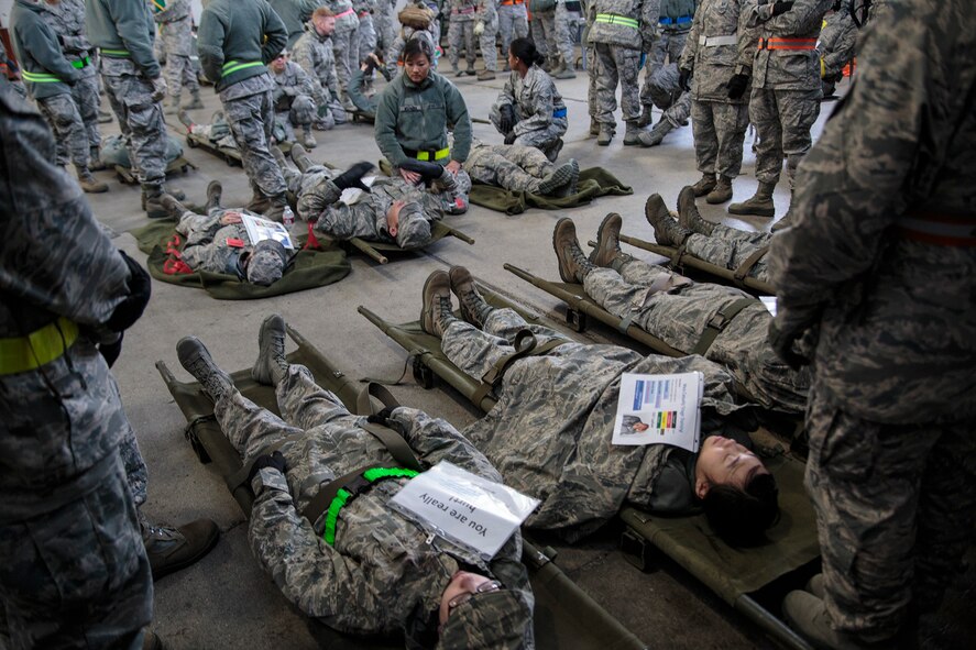 About 130 Reserve Airmen from the 446th Aeromedical Staging Squadron at Joint Base Lewis-McChord, Wash. took part in two mass-casualty training exercises in order to remain in compliance with their readiness requirements, Nov. 2. The exercises were designed to stress the unit’s capability to handle a mass-casualty scenario. (U.S. Air Force Reserve photo by Master Sgt. Jake Chappelle)