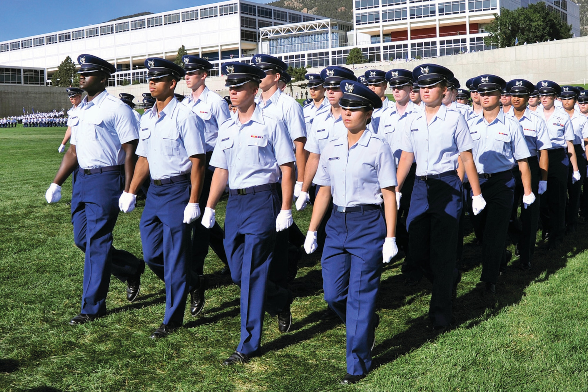 Cadets march in the Academy Acceptance Parade at Stillman Parade Field Aug. 6. These cadets took the Honor Oath after the parade to symbolize their formal acceptance into the Cadet Wing. Along with taking the oath upon acceptance, all cadets retake the oath at the begining of every school year. 