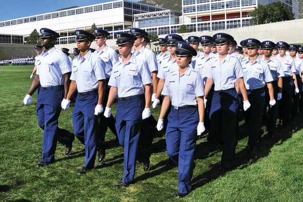 Cadets march in the Academy Acceptance Parade at Stillman Parade Field Aug. 6. These cadets took the Honor Oath after the parade to symbolize their formal acceptance into the Cadet Wing. Along with taking the oath upon acceptance, all cadets retake the oath at the begining of every school year. 