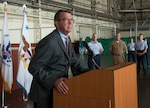 Deputy Secretary of Defense Ashton B. Carter addresses a crowd of Joint Base San Antonio military and civilian personnel at the 802nd Operations Support Squadron hanger on Kelly Field Annex Oct. 29at JBSA-Lackland. Carter also met with JBSA senior leadership during his visit. U.S. Air Force photo by Benjamin Faske (Released)