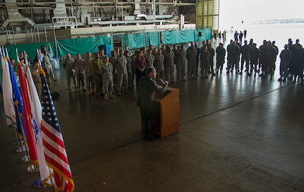Deputy Secretary of Defense Ashton B. Carter addresses a crowd of Joint Base San Antonio military and civilian personnel at the 802nd Operations Support Squadron hanger on Kelly Field Annex Oct. 29at JBSA-Lackland. Carter also met with JBSA senior leadership during his visit. U.S. Air Force photo by Benjamin Faske (Released)