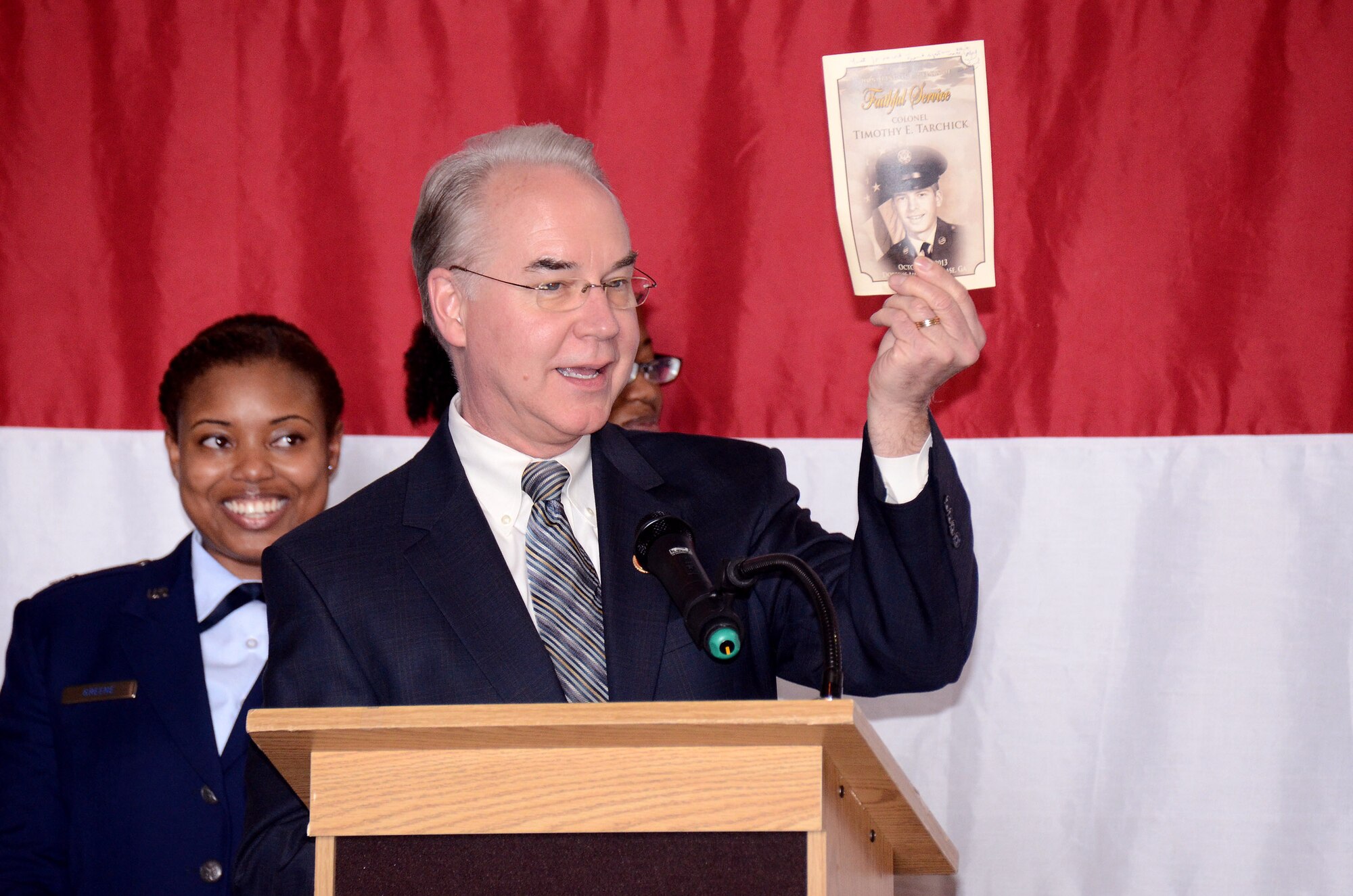 U.S. Congressman Tom Price makes remarks during a retirement ceremony honoring Col. Tim Tarchick, . 94th Airlift Wing commander Oct. 31 at Dobbins Air Reserve Base, Ga. Price represents Georgia’s 6th district. (U.S. Air Force photo/ Brad Fallin)