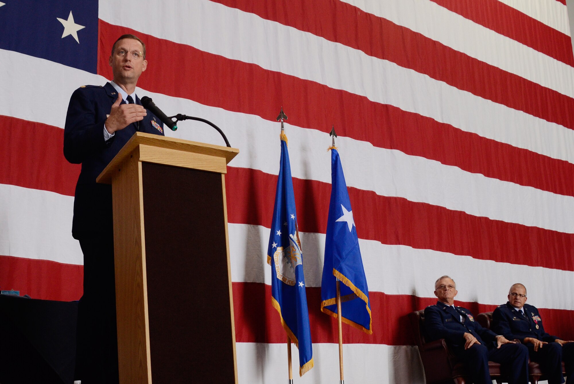 Chaplain (Maj.) Douglas A. Collins from the 94th Airlift Wing speaks before a large crowd during the retirement ceremony for Col. Tim E. Tarchick, 94th AW commander held at Dobbins Air Reserve Base, Ga. Oct 31. Collins was elected to the 113th U.S. Congress in Nov. 2012 and represents the 9th District of Georgia. He currently serves on House Committees of Judiciary, Foreign Affairs and Oversight & Government Reform. (U.S. Air Force photo/Don Peek)