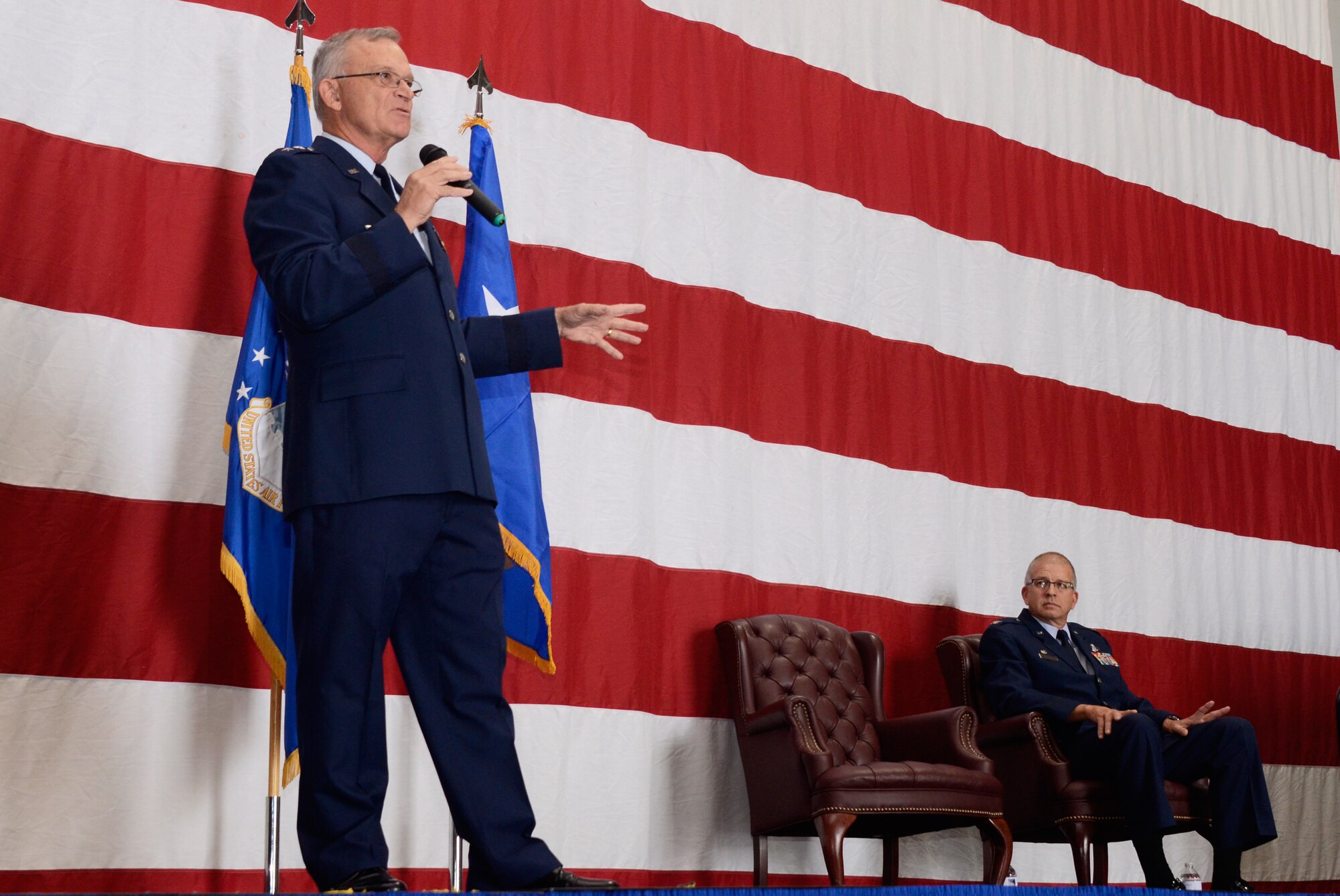 Maj. Gen. (Ret) James D. Bankers, former 22nd Air Force commander and presiding officer, outlined a successful 35 ½  year career of Col. Tim E. Tarchick, 94th Airlift Wing commander, during his retirement ceremony Oct. 31 at Dobbins Air Reserve Base, Ga. (U.S. Air Force photo/Don Peek)