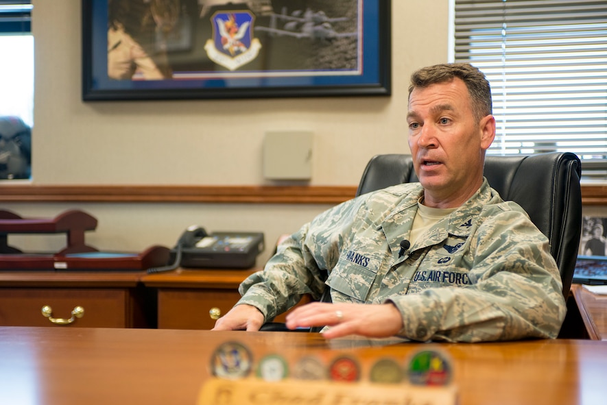 U.S. Air Force Col. Chad Franks, 23d Wing commander, speaks during an interview at Moody Air Force Base, Ga., Oct. 30, 2013. Franks outlined his goals for the wing while speaking about his priorities, resiliency, inspections and cohesion. (U.S. Air Force photo by Airman 1st Class Ryan Callaghan/Released)