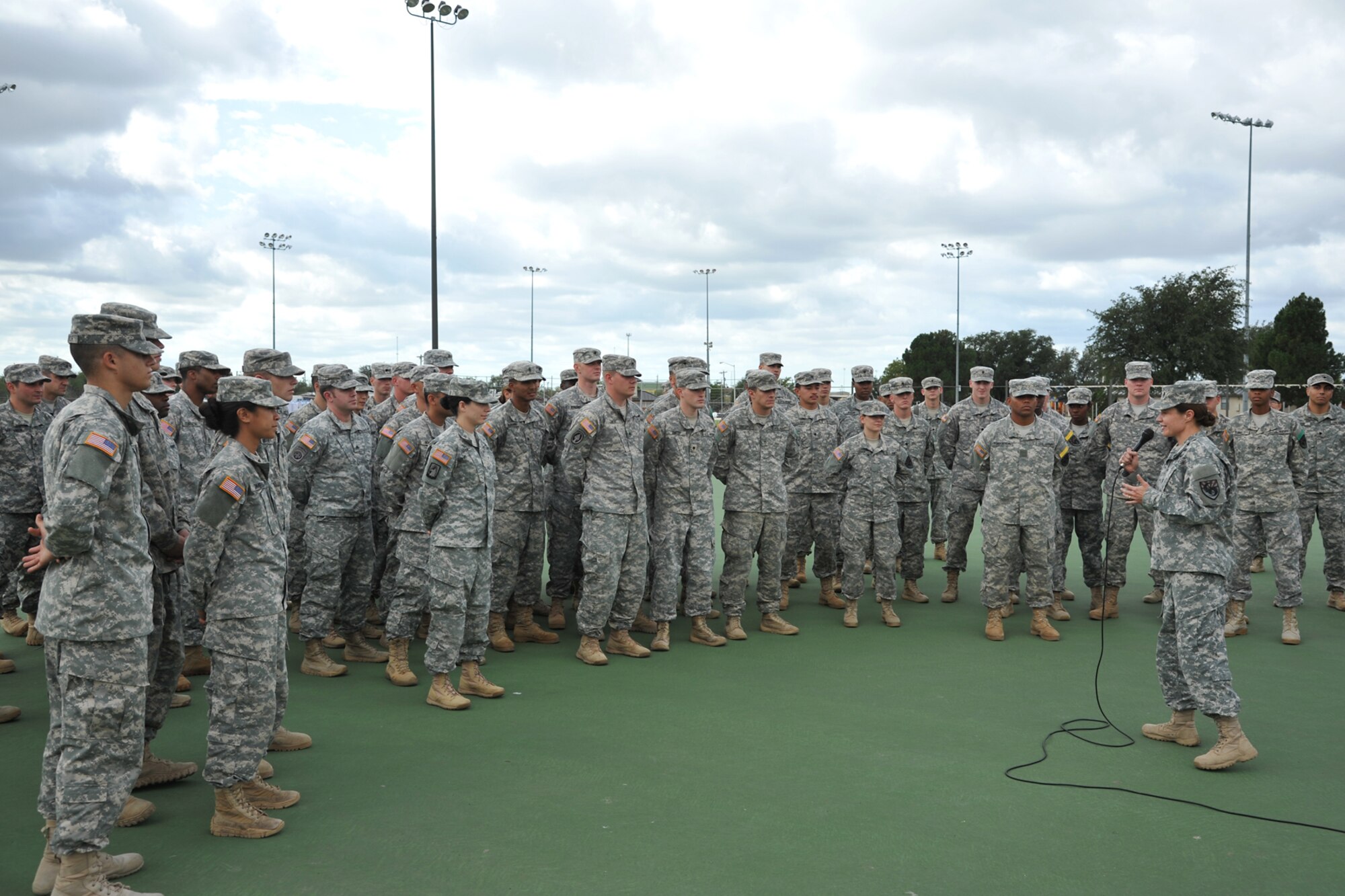 GOODFELLOW AIR FORCE BASE, Texas-- Army Lt. Col. Devon Blake, 344th Military Intelligence Battalion Commander, praises the participants of the Iron Soldier Competition Oct. 26. The Iron Soldier competition test and showcases the combat focused fitness of the Soldiers through physically and mentally challenging events. (U.S. Air Force photo/ Senior Airman Michael Smith) 


