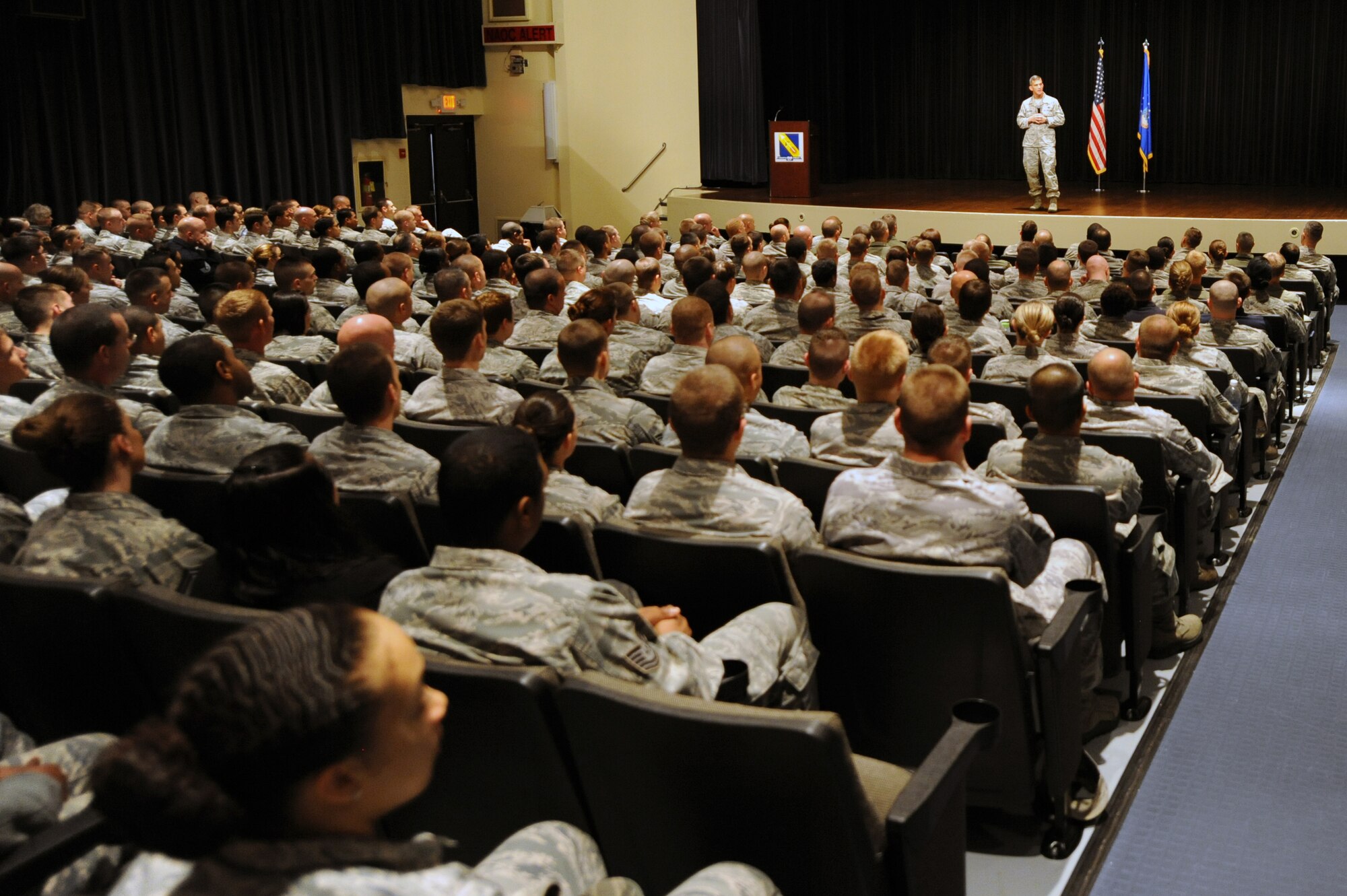 U.S. Air Force Chief Master Sgt. Richard Parsons, Air Combat Command command chief, speaks to Airmen at Seymour Johnson Air Force Base, N.C., Oct. 29, 2013. At his first stop on an East Coast Air Combat Command base tour, Parsons addressed current issues facing the Air force such as sexual assault and changes to the way enlisted Airmen will be evaluated. (U.S. Air Force photo by Airman 1st Class Aaron J. Jenne)