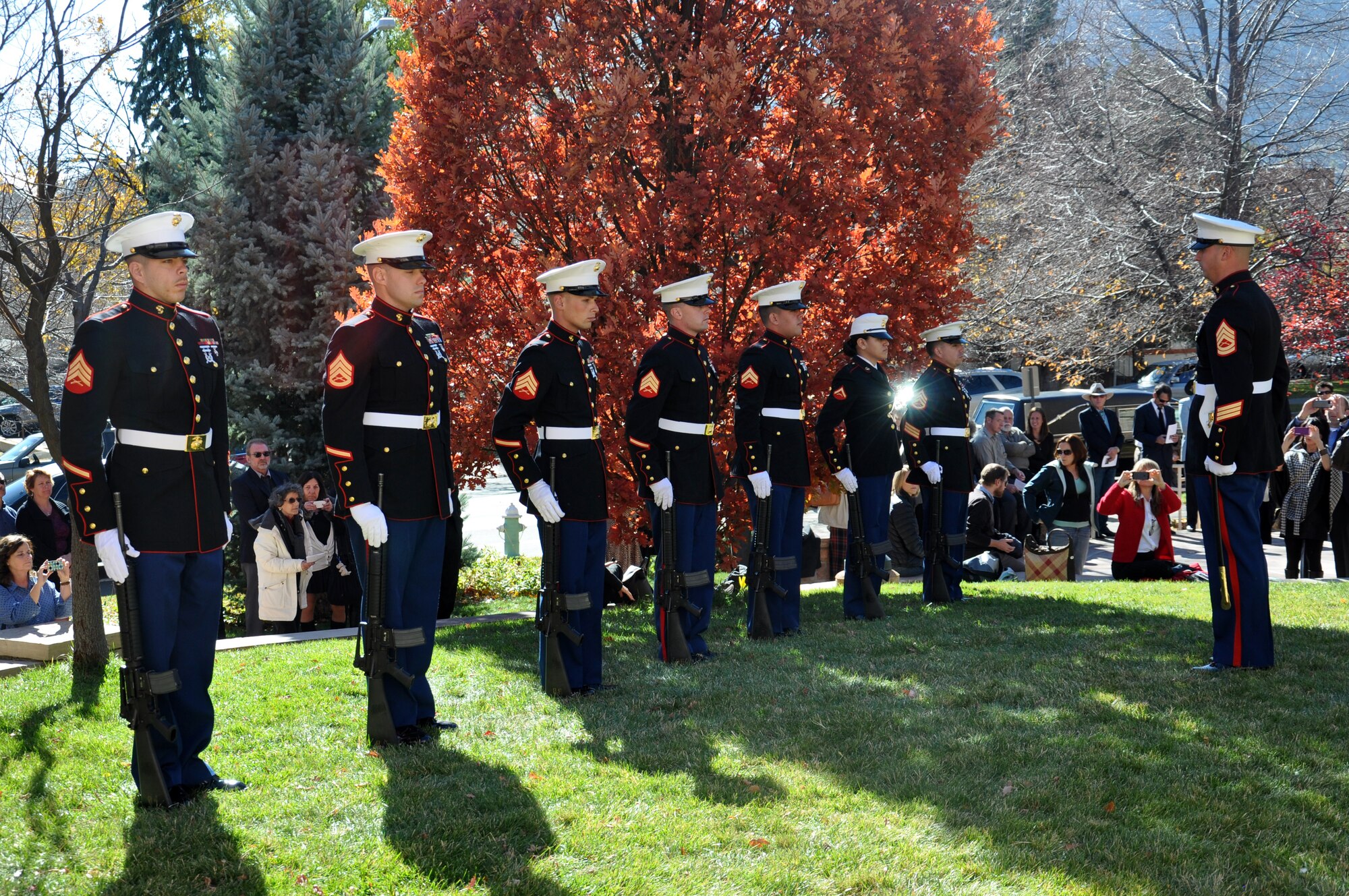A U.S. Marine Corps Honor Guard prepares to present the 21-gun salute at retired Cmdr. Scott Carpenter’s funeral Nov. 2, 2013, at St. John Episcopal Church in Boulder, Colo. Carpenter was the first human ever to hold the title of astronaut and aquanaut. He was the fourth American astronaut to fly in space and the second to orbit the Earth. (U.S. Air Force photo by Staff Sgt. Lucas Morrow/Released)