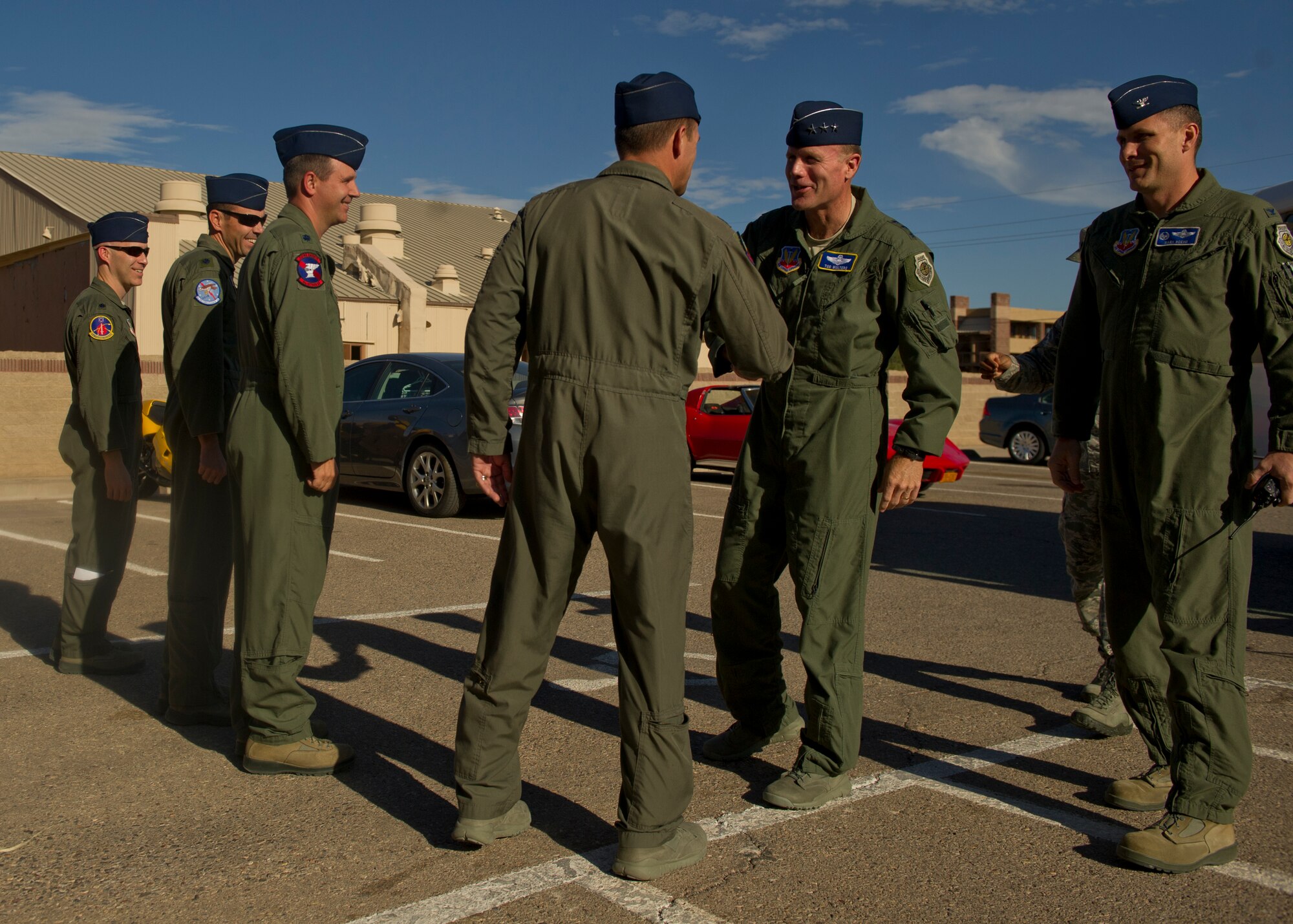 Lt. Col. Nathan Hansen, 29th Attack Squadron commander, greets Lt. Gen. Tod Wolters, 12th Air Force (Air Forces Southern) commander during a base tour at Holloman Air Force Base, N.M., Oct. 24. Holloman was the first base Gen. Wolters visited after assuming command at Davis-Monthan AFB, Ariz., Sept. 24. The 12th Air Force is responsible for the combat readiness of 10 active duty wings, operating more than 800 aircraft with more than 64,500 uniformed and civilian Airmen. (U.S. Air Force photo by Airman 1st Class Colin Cates/Released)