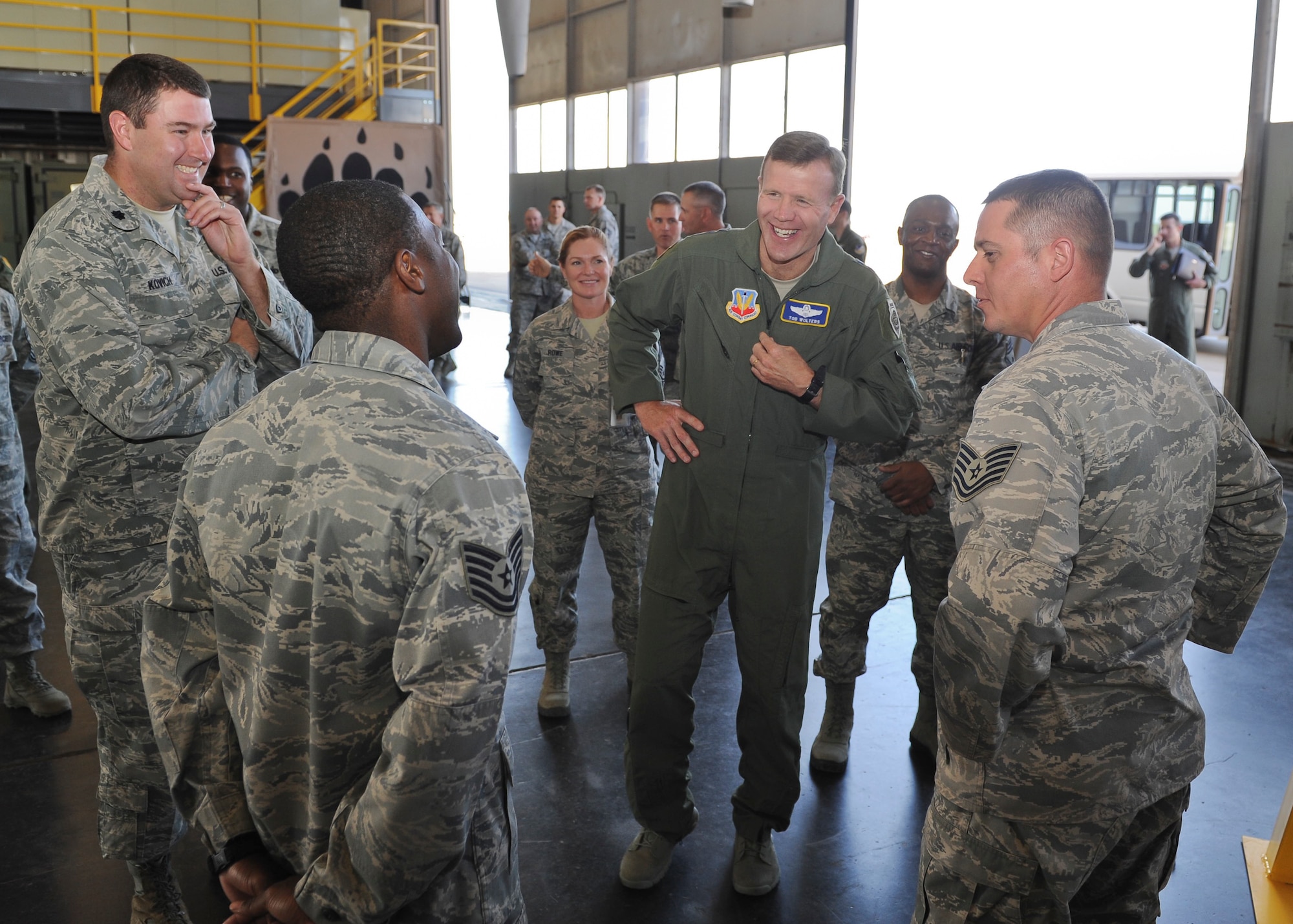 Airmen from the 49th Aircraft Maintenance Squadron greet Lt. Gen. Tod Wolters, 12th Air Force (Air Forces Southern) commander, and 12th Air Force Command Chief Master Sgt. Calvin Williams during a tour at Holloman Air Force Base, N.M., Oct. 24. Holloman was the first base Gen. Wolters visited after assuming command at Davis-Monthan AFB, Ariz., Sept. 24. The 12th Air Force is responsible for the combat readiness of 10 active duty wings, operating more than 800 aircraft with more than 64,500 uniformed and civilian Airmen. (U.S. Air Force photo by Airman 1st Class Colin Cates/Released)