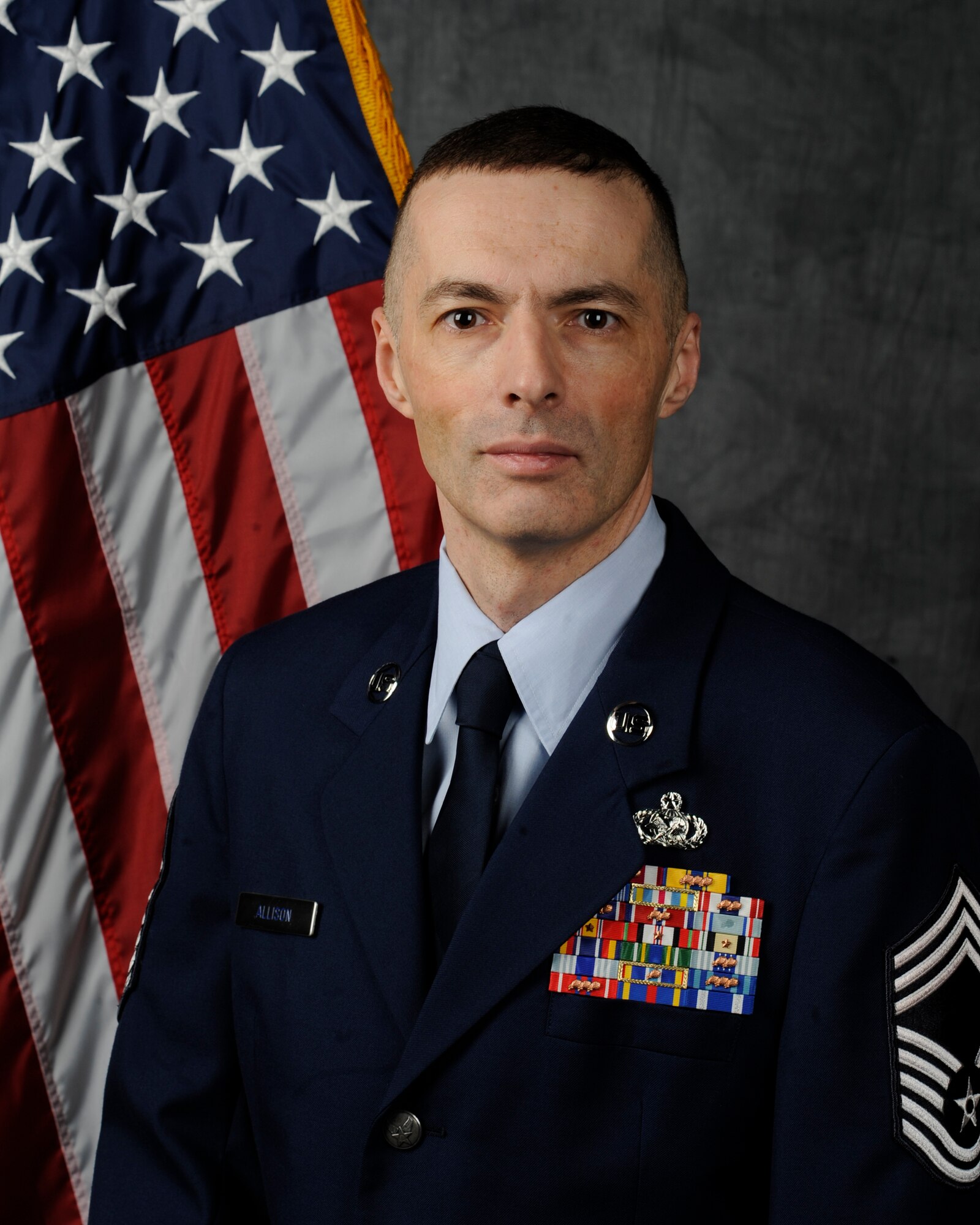 Chief Master Sgt. Stuart Allison is the command chief of the 509th Mission Support Group at Whiteman Air Force Base, Mo. He is currently deployed with the 407th Air Expeditionary Group as its superintendent. (U.S. Air Force photo by Airman 1st Class Keenan Berry/Released)