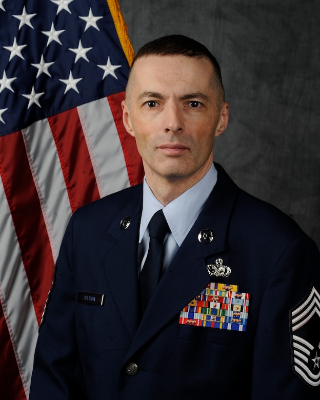 Chief Master Sgt. Stuart Allison is the command chief of the 509th Mission Support Group at Whiteman Air Force Base, Mo. He is currently deployed with the 407th Air Expeditionary Group as its superintendent. (U.S. Air Force photo by Airman 1st Class Keenan Berry/Released)