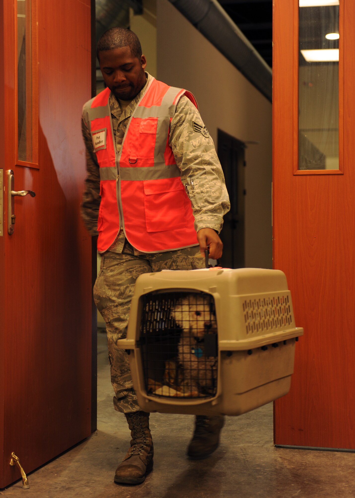 Senior Airman Cedric Gray, 39th Logistics Readiness Squadron fuels distribution operator, carries pet Theodore to the dog holding area during the noncombatant evacuation operation Oct. 30, 2013, at Incirlik Air Base, Turkey. A NEO is directed by the U.S. Department of State out of an abundance of caution when American citizens located overseas may be in danger from a variety of circumstances, ranging from natural disasters to regional unrest. (U.S. Air Force photo by Senior Airman Chase Hedrick/Released)