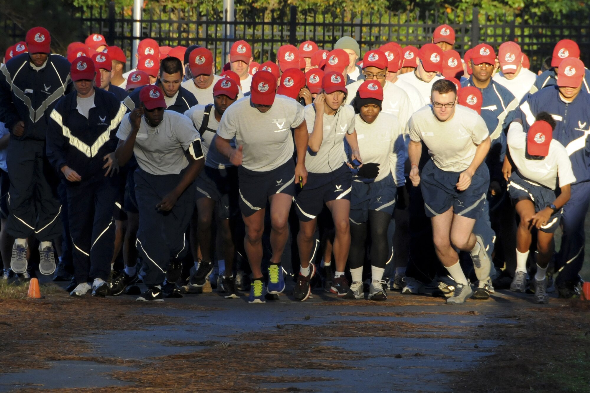 While it may have been the 916th Air Refueling Wing's Warrior Run on Sunday Nov. 3, 2013, a sea of red hats led the semi-annual festivities as the 567th RED HORSE Squadron turned out in full force and won the trophy for most participation. (USAF photo by TSgt. Scotty Sweatt, 916ARW/PA)