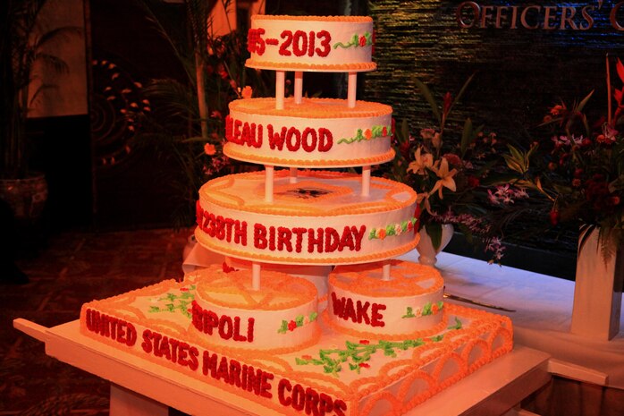 A cake decorated with the names of famous Marine Corps battles is displayed at the 3rd Marine Logistics Group’s Marine Corps birthday ball Nov. 1 at the Butler Officers Club on Camp Foster, Okinawa, Japan. The ceremony celebrated the Marine Corps’ 238th birthday, which is on Nov. 10. Marines around the world celebrate the birth of the Marine Corps this time of year with formal balls, uniform pageants and cake-cutting ceremonies. The 3rd Marine Logistics Group is part of III Marine Expeditionary Force