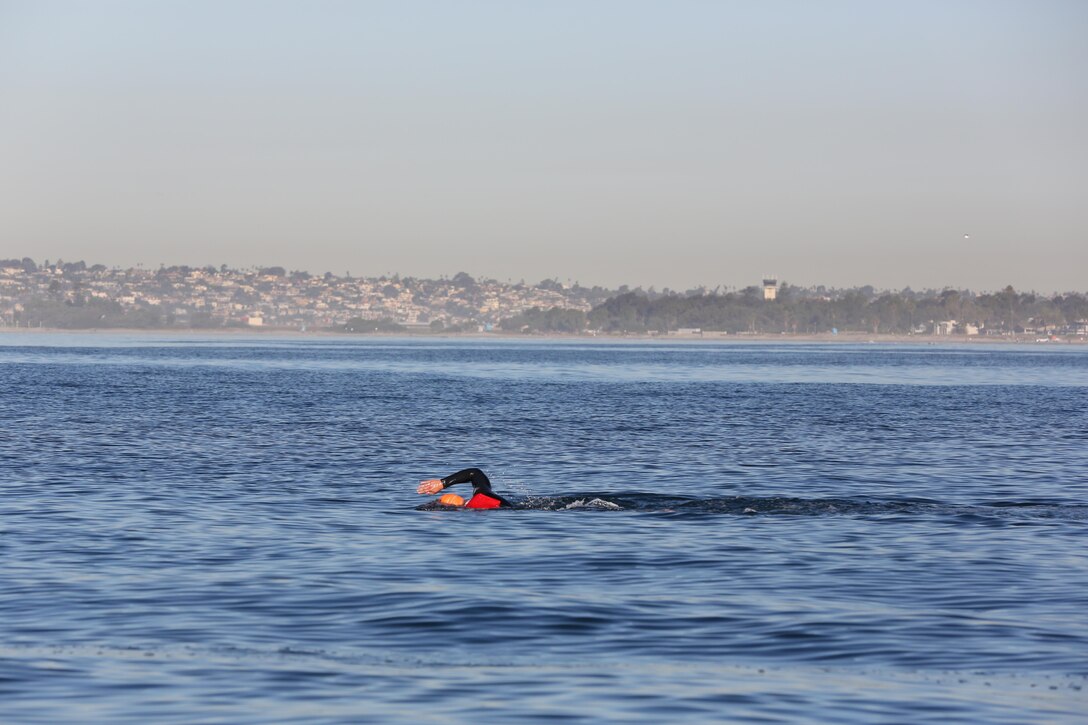 Sgt. Timothy Jackson, a drill instructor with 2nd Battalion, Echo Co. and Chandler, Ariz., native, swims out to rescue fellow classmates during a Marine Corps Instructor of Water Survival course aboard Naval Amphibious Base Coronado, Calif., Nov. 1.  The students swam out approximately 500 meters to reach their fellow classmates during the three week course. 