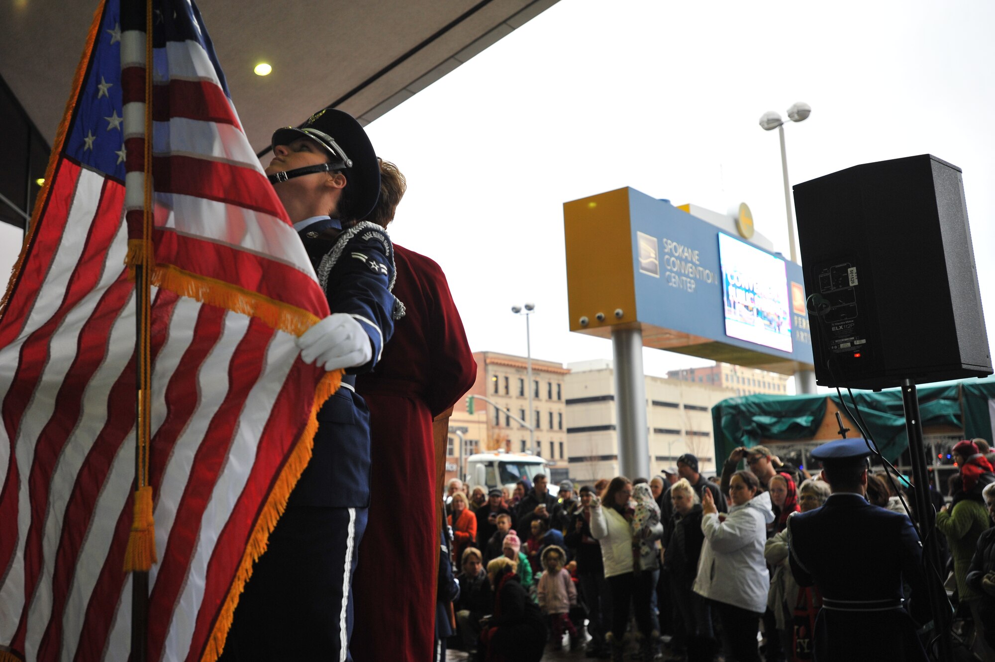 Fairchild Air Force Base honor guard members introduce the 2013 U.S. Capitol Christmas Tree at the INB Performing Arts Center in downtown Spokane, Wash., Nov. 5. The tree began its journey at the Colville National Forest in Washington Nov. 1, and will visit 22 cities on its way to Washington, D.C., arriving on November 25th. Spokane was the tree’s second stop.  (U.S. Air Force photo by Staff Sgt. Veronica Montes)