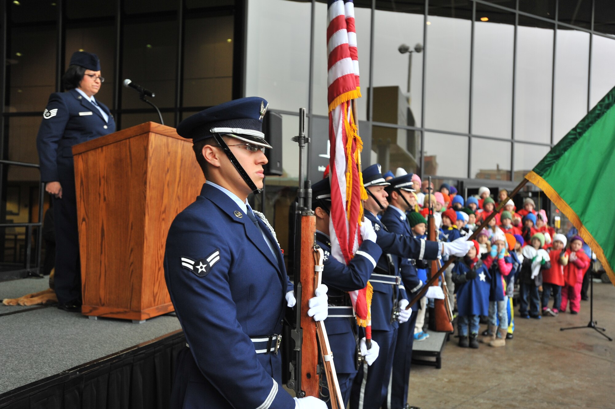 Fairchild Air Force Base honor guard members introduce the 2013 U.S. Capitol Christmas Tree at the INB Performing Arts Center in downtown Spokane, Wash., Nov. 5, 2013. The tree began its journey at the Colville National Forest in Washington Nov. 1, and will visit 22 cities on its way to Washington, D.C., arriving on November 25th. Spokane was the tree’s second stop. (U.S. Air Force photo by Staff Sgt. Veronica Montes)
