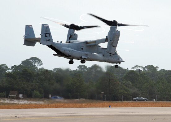 The Air Force's oldest CV-22 Osprey made its final test sortie from the flightline on Hurlburt Field, Fla., Oct.31, 2013. The CV-22 is slated to be placed on display at the Wright-Patterson Air Force Base, Ohio, museum later this year. (U.S. Air Force photo/Senior Airman Kentavist P. Brackin)