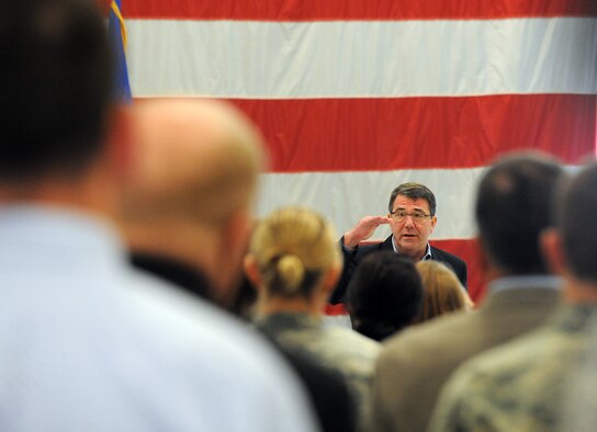 Deputy Secretary of Defense Ashton B. Carter addresses a full hangar of Airmen and civilian employees Nov. 5 at Hill Air Force Base, Utah. Carter visited Hill for approximately three hours to visit with Team Hill Airmen. He also had the opportunity to visit F-35 maintenance facilities, the ICBM prime integration contract support facility and learn about the Falcon Hill Enhanced Use Lease development. (U.S. Air Force photo/Alex R. Lloyd) 