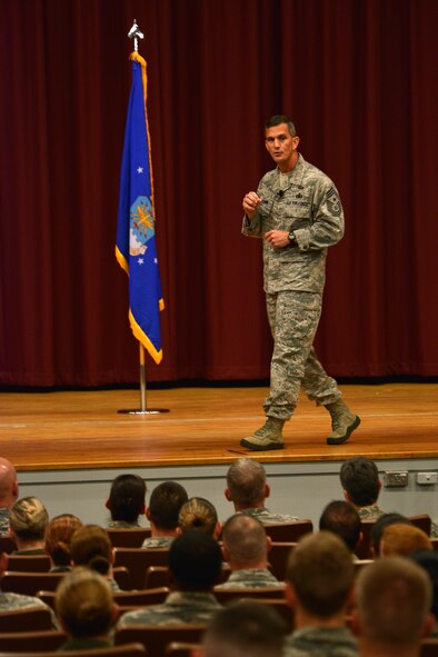 Chief Master Sgt. Richard Parsons, Air Combat Command command chief, speaks to Airmen during an all-call, Shaw Air Force Base, S.C., Oct. 30, 2013.  Parsons spoke about new changes in the Air Force as well as answered questions from the Airmen. (U.S. Air Force photo by Airman 1st Class Jensen Stidham)