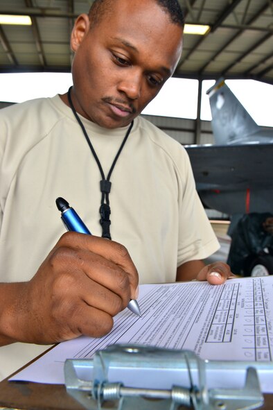 U.S. Air Force Tech. Sgt. Walter Smith, 20th Equipment Maintenance Squadron corrosion control NCO in charge, fills out a post-wash corrosion paint score form after a routine wash of an F-16 Fighting Falcon, Shaw Air Force Base, S.C., Oct. 28, 2013. A paint score is done on every jet after a wash to determine whether or not it needs to be re-painted. (U.S. Air Force photo by Airman 1st Class Jensen Stidham/Released)