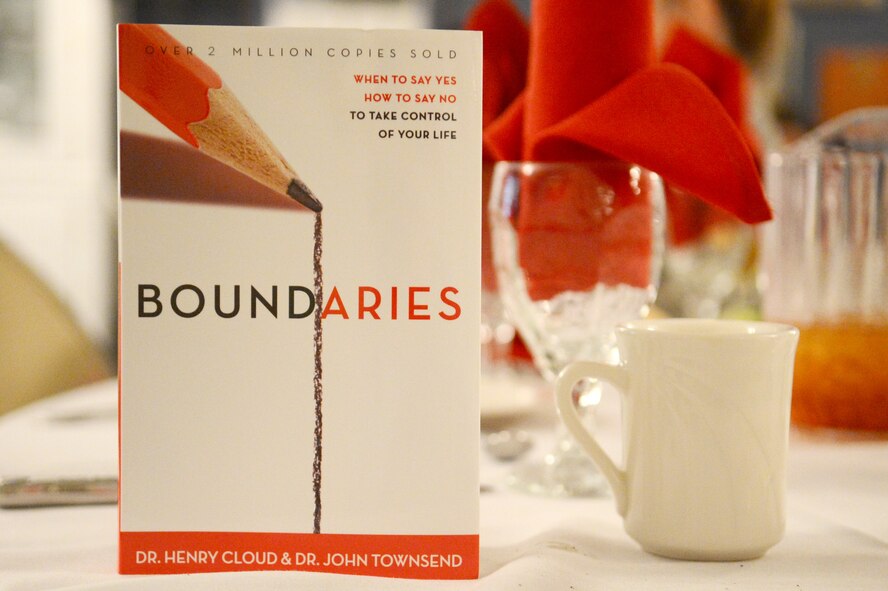 “Boundaries,” by Drs. Henry Cloud and John Townsend, was the topic of discussion at the spiritual resiliency dinner at Shaw Air Force Base, S.C., Nov. 1, 2013. The book details when to say yes, and how to say no when taking control of your home, professional, and personal relationship. (U.S. Air Force photo by Airman 1st Class Jonathan Bass/Released)
