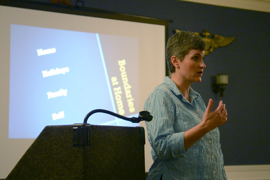 U.S. Air Force Chaplain (Capt.) Kathy Scott, 20th Fighter Wing Chaplain, discusses the topic of boundaries with a dinner group discussion entitled “Boundaries”, based off a book by the same name by Drs. Henry Cloud and John Townsend at Shaw Air Force Base, S.C., Nov. 1, 2013. The group discussed issues of boundaries within a home unit, the office, and personal relationships. (U.S. Air Force photo by Airman 1st Class Jonathan Bass/Released)