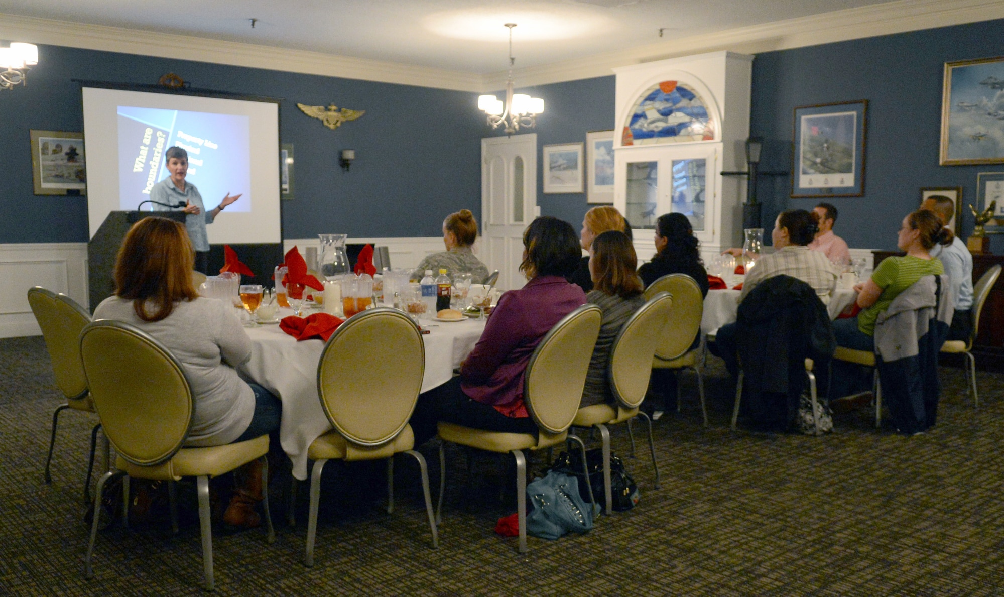 U.S. Air Force Chaplain (Capt.) Kathy Scott, 20th Fighter Wing Chaplain, leads the group discussion entitled “Boundaries” at Shaw Air Force Base, S.C., Nov. 1, 2013. The group of approximately 15 people attended for dinner and a round-table discussion on the book by the same title by doctors Henry Cloud and John Townsend. (U.S. Air Force photo by Airman 1st Class Jonathan Bass/Released)