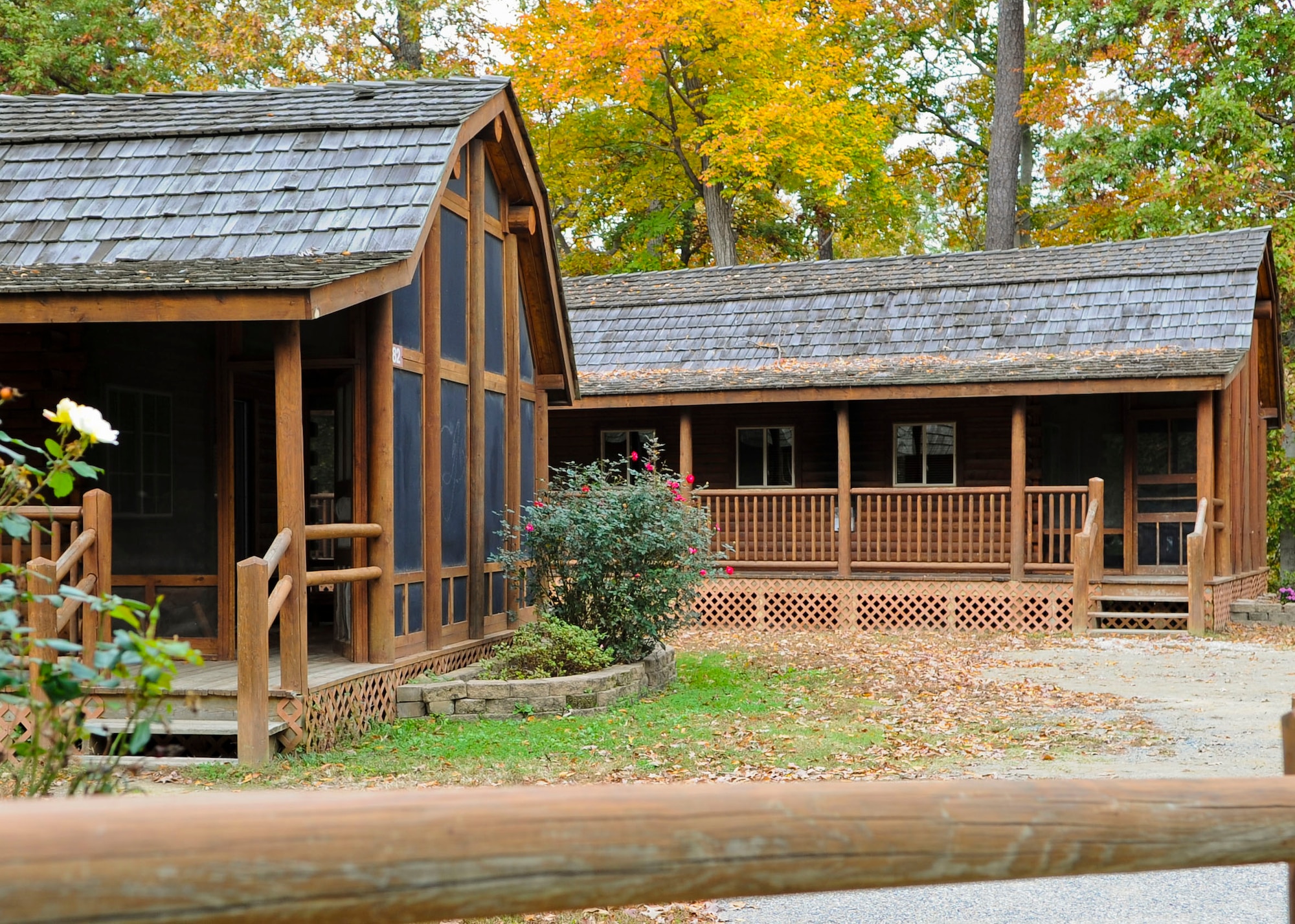 During the holiday season and year-round, families can rent one of the log cabins at the Outdoor Recreation Center at Fort Eustis, Va. Each of the five cabins can sleep six people, and one is handicap-accessible. All five cabins have two bedrooms, loft beds, a kitchen and bathroom, and climate control. (U.S. Air Force photo by Airman 1st Class Austin Harvill/Released)