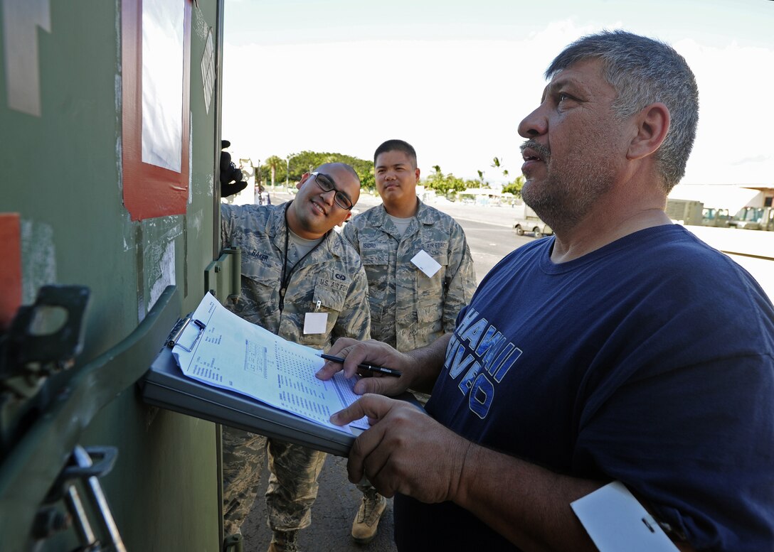 Staff Sgt. Roderick Baker, left, and Staff Sgt. Roldan Isidro, center, of the 154th Operations Support Squadron, having their unit’s shipping documentation checked for accuracy by Anthony Maestas, 735th Air Mobility Squadron joint inspector, right, during an Operational Readiness Inspection at Joint Base Pearl Harbor-Hickam, Hawaii, Nov. 3, 2013.  The inspection evaluates the 15th and 154th Wing ability to deploy in response to worldwide contingency operations. (U.S. Air Force photo/Tech. Sgt. Jerome Tayborn)